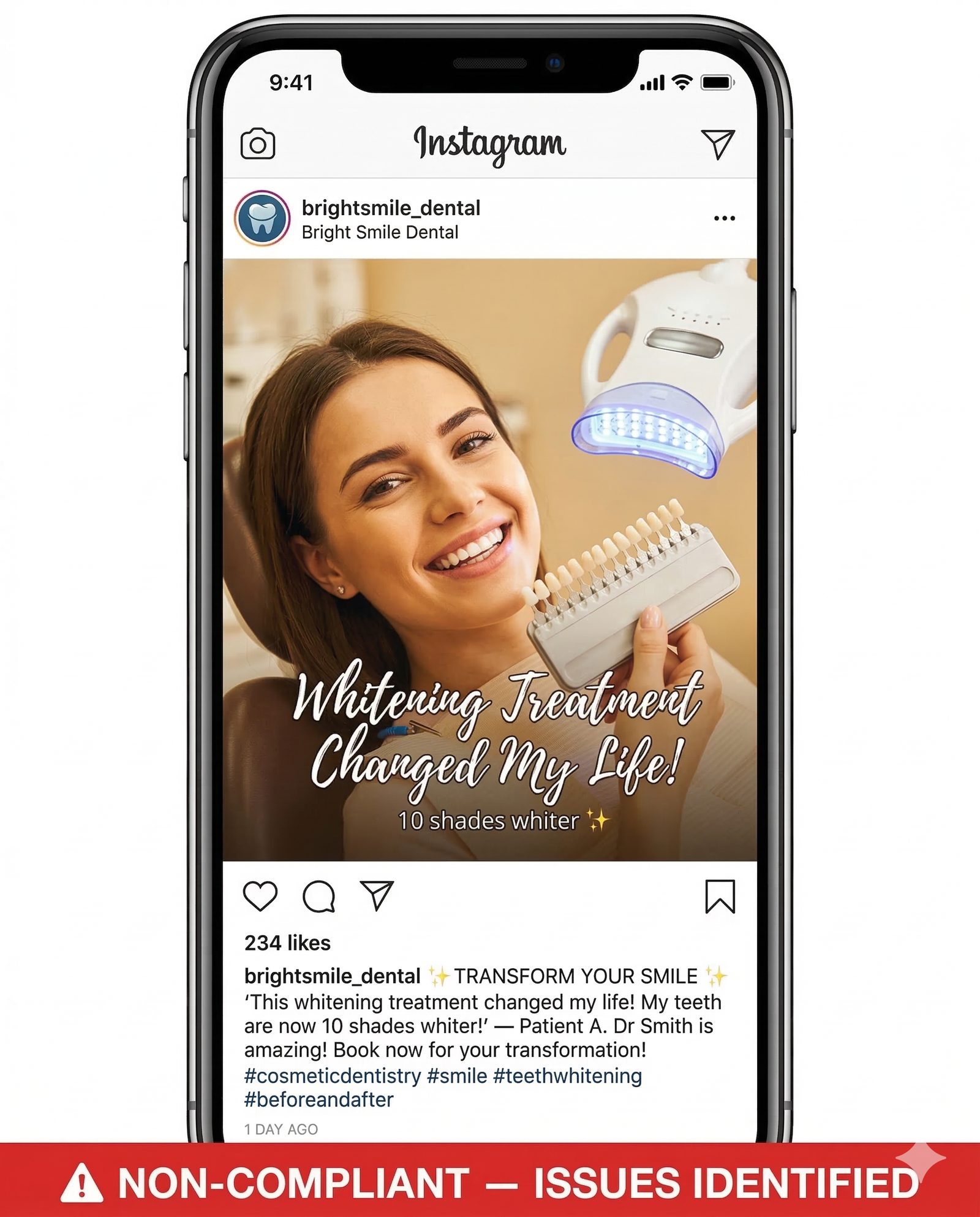 Figure 03: Non-Compliant Instagram Post: Whitening Testimonial