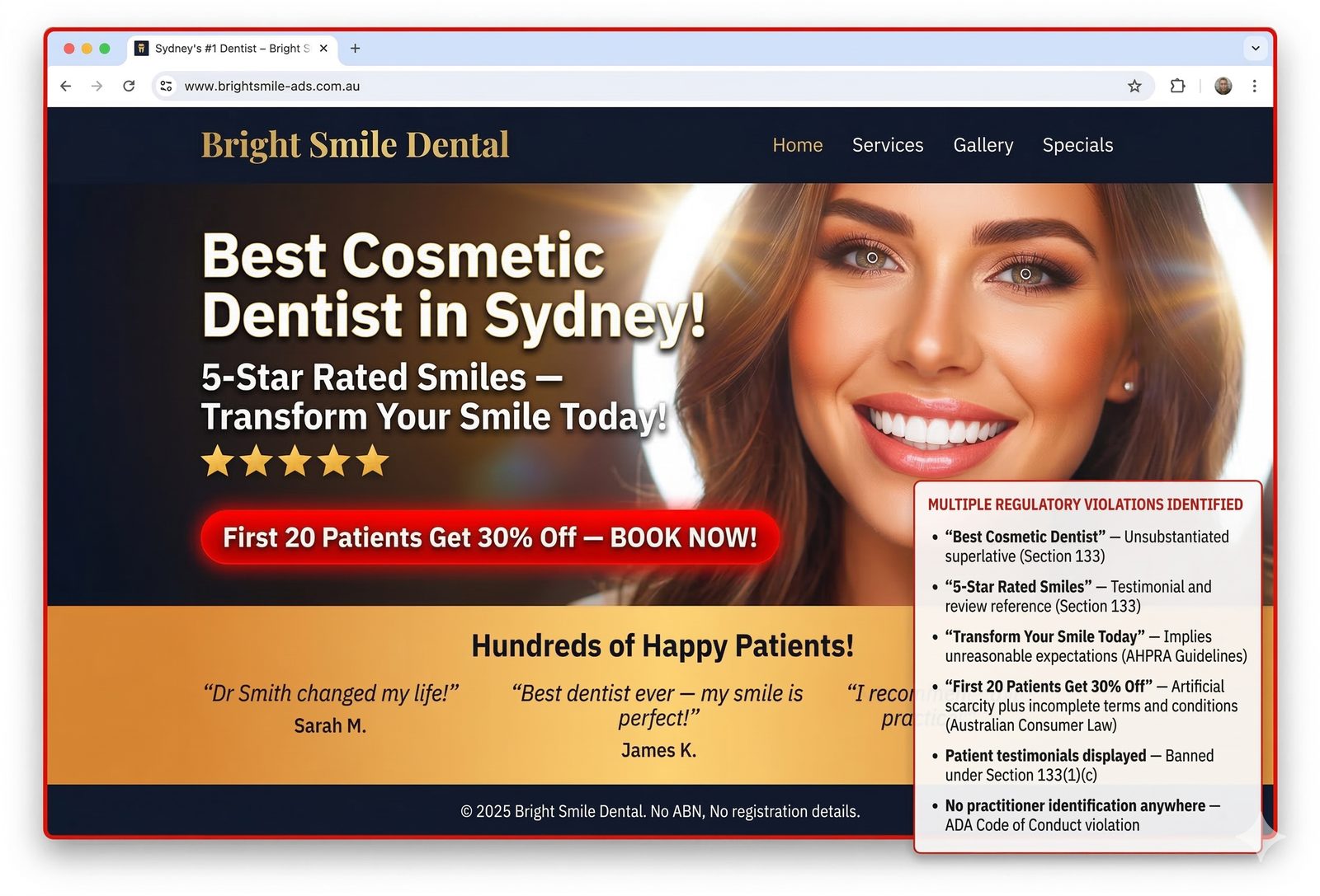 Figure 20: Non-Compliant Website: Multiple Regulatory Breaches